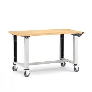 Etabli mobile, Longueur 1500mm avec 4 roues, Prof 750mm, H 921 à 1271mm, Plateau 40mm avec pieds réglables en hauteur, Charge Maxi: 300 kg