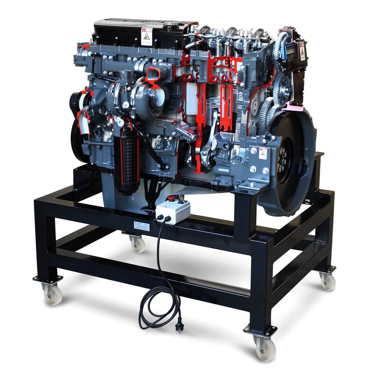 Moteur diesel 6 cylindres « IVECO » complet en coupe, avec entraînement électrique