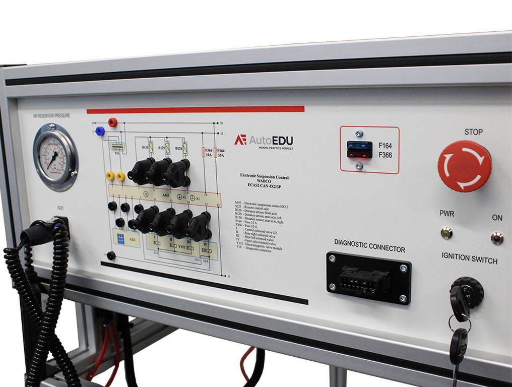 Banc étude des suspensions pneumatique des camions, avec bornier de mesure avec cadre sur roulettes