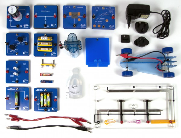 Valise de TPs Stockage de l'énergie électrique Ready to Go (sans douille de sécurité) Avec Batteries NiMH, Plomb, LiPo, LiFePo, NiZn, condensateur,n charge, Pile H2, alimentation, cordon